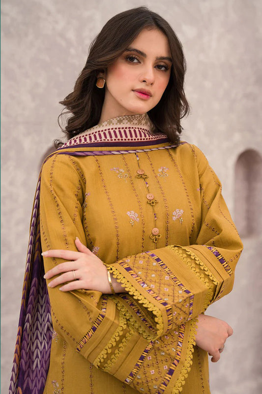 QN618-WINTER 3PC Dhannak Embroidered suit with Printed Shawll