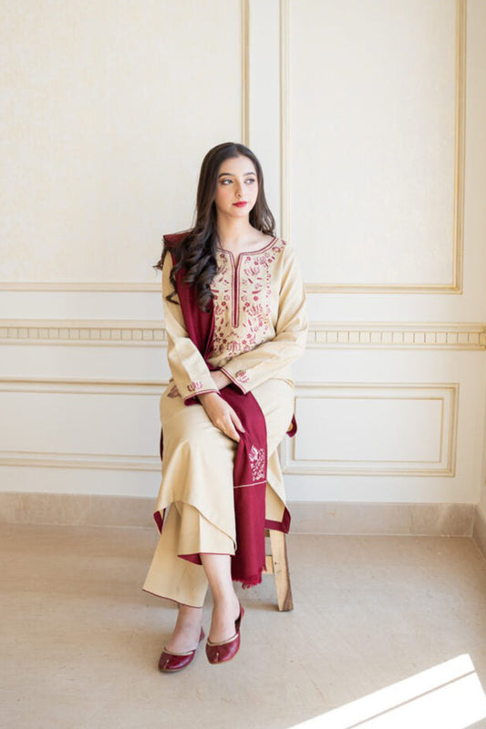 QN614-WINTER 3PC Dhanak suit with Embroidered Shawll