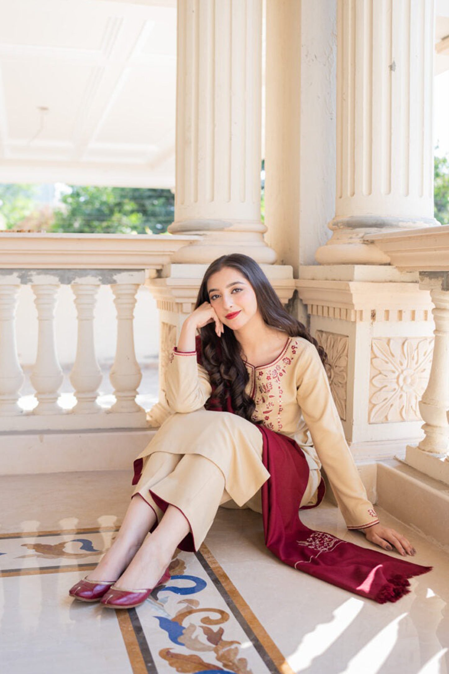 QN614-WINTER 3PC Dhanak suit with Embroidered Shawll