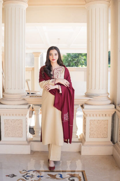 QN614-WINTER 3PC Dhanak suit with Embroidered Shawll