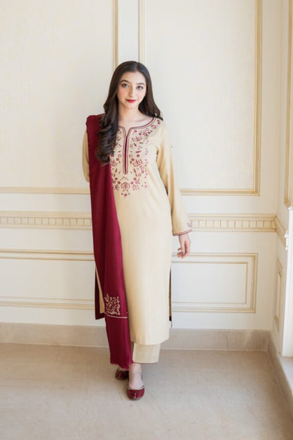 QN614-WINTER 3PC Dhanak suit with Embroidered Shawll