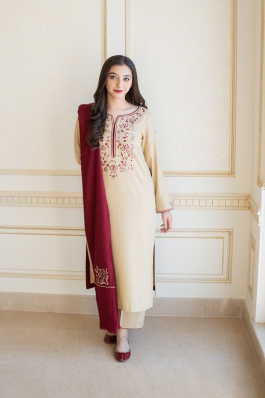 QN614-WINTER 3PC Dhanak suit with Embroidered Shawll