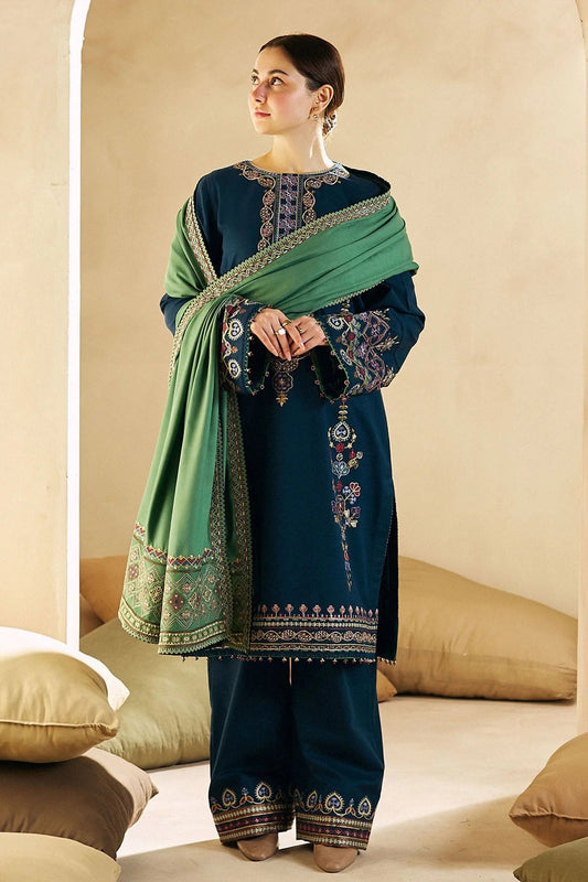 QN590-Winter 3-Pc Embroidered Dhanak Suit with Heavy Embroidered Dhanak Shawll