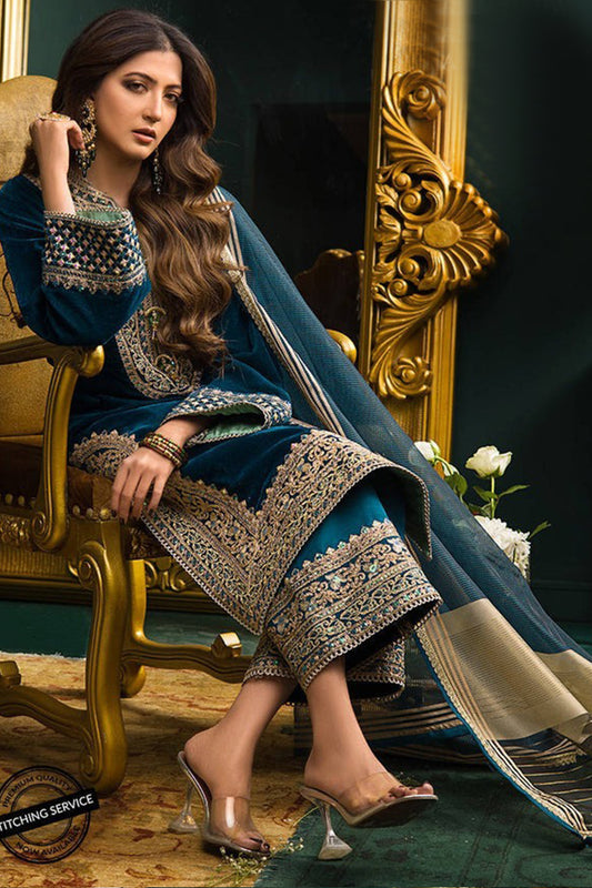 QN414 WINTER Heavy Embroidered Velvet Dress with Silk Trouser