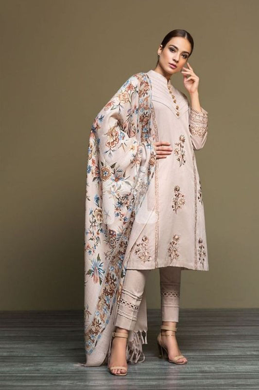 QN589-WINTER 3PC Dhannak Embroidered suit with Printed Shawll