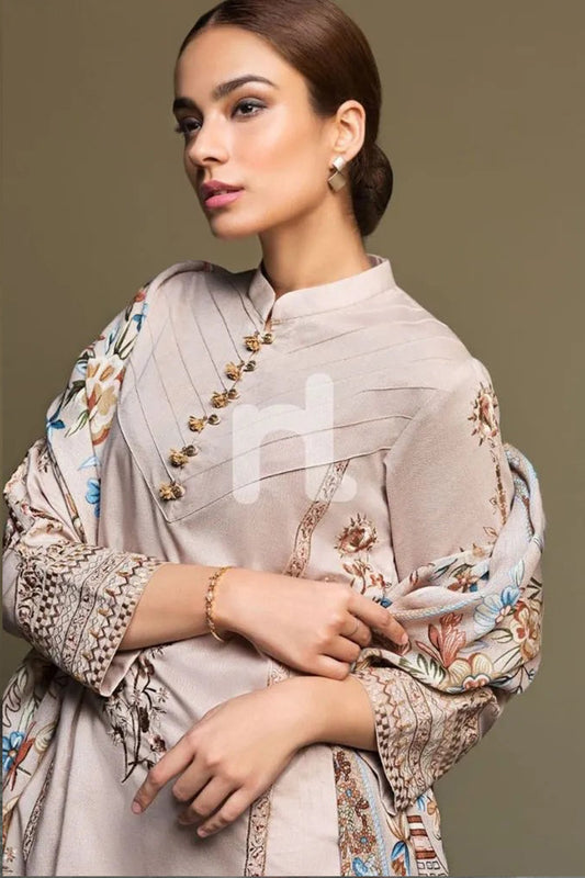 QN589-WINTER 3PC Dhannak Embroidered suit with Printed Shawll