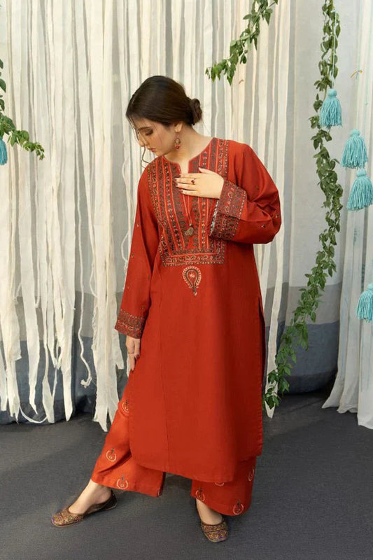QN914-WINTER 3PC Dhannak Embroidered suit with Printed Shawll