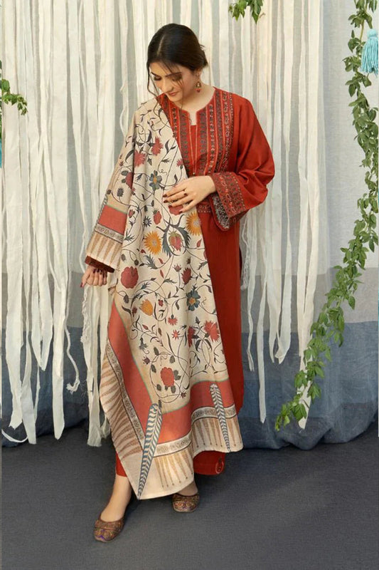 QN914-WINTER 3PC Dhannak Embroidered suit with Printed Shawll