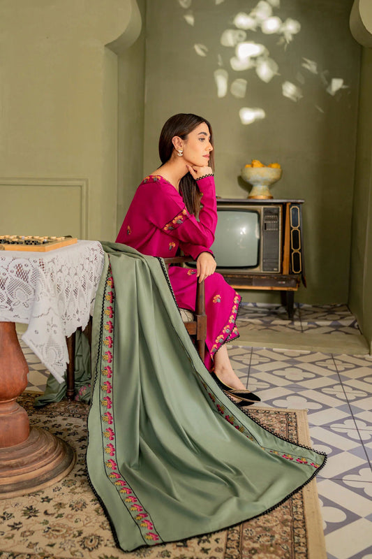 ZN571-WINTER 3PC Dhanak suit with Embroidered Shawll