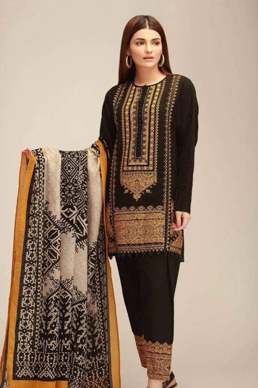 QN424-WINTER UNSTITCHED 3PC Khaddar Embroidered Suit with Printed Wool Shawll