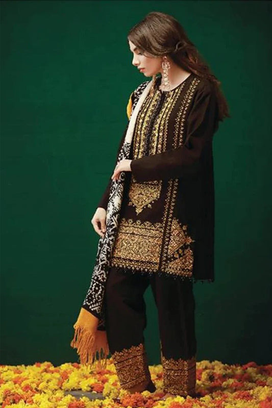 QN424-WINTER UNSTITCHED 3PC Khaddar Embroidered Suit with Printed Wool Shawll