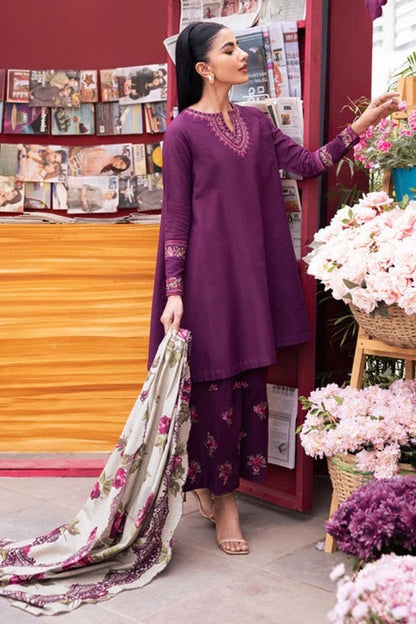 QN581-WINTER 3PC Dhannak Embroidered suit with Printed Shawll