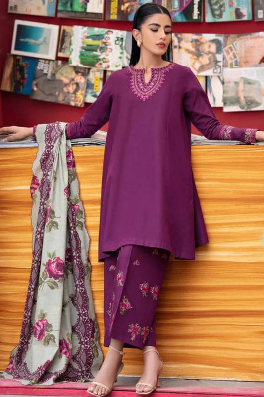 QN581-WINTER 3PC Dhannak Embroidered suit with Printed Shawll