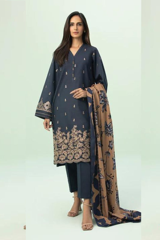 QN588-WINTER 3PC Dhannak Embroidered suit with Printed Shawll