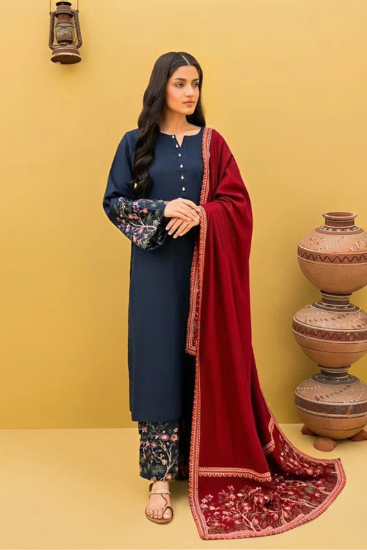 QN918-WINTER 3-Pc Embroidered Dhanak Suit with Heavy Embroidered Dhanak Shawll