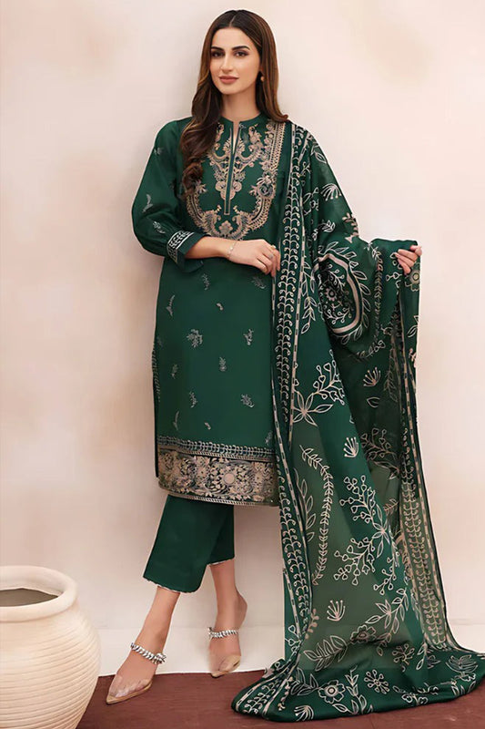 QN938-WINTER 3PC Dhannak Embroidered suit with Printed Shawll