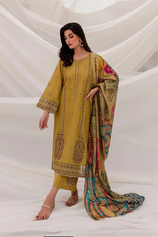 QN940-WINTER 3PC Dhannak Embroidered suit with Printed Shawll