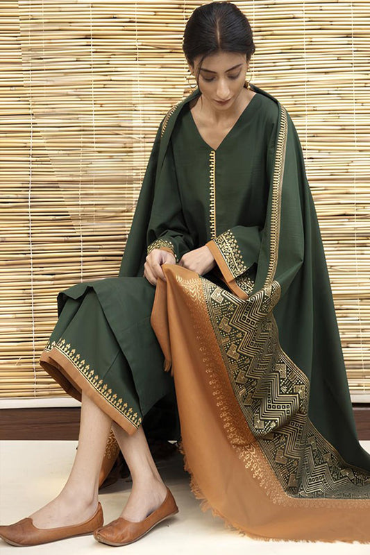 QN411-3PC Dhanak Embroidered suit with PRINTED Shawll