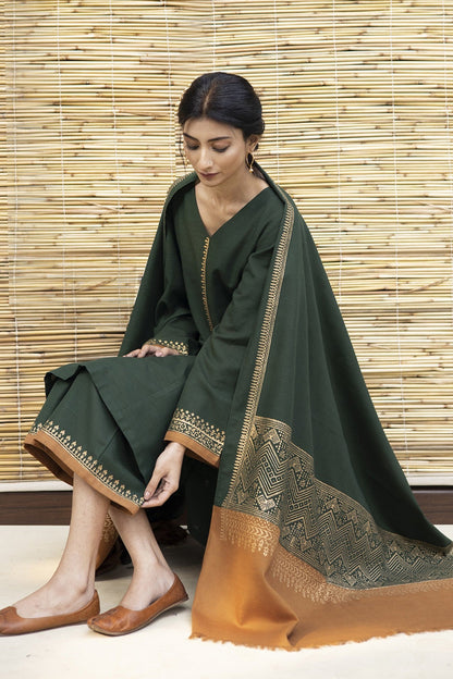 QN411-3PC Dhanak Embroidered suit with PRINTED Shawll