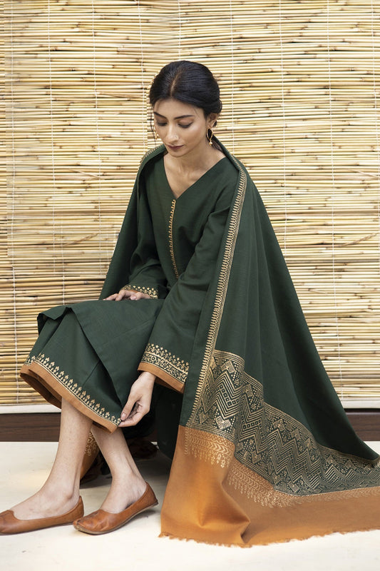 QN411-3PC Dhanak Embroidered suit with PRINTED Shawll