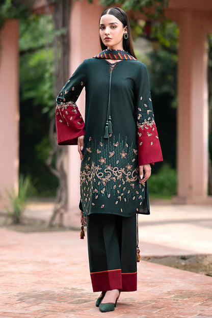 QN944-WINTER 3PC Dhannak Embroidered suit with Printed Shawll