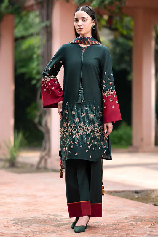 QN944-WINTER 3PC Dhannak Embroidered suit with Printed Shawll