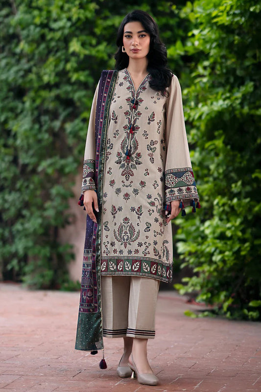 QN943-WINTER 3PC Dhannak Embroidered suit with Printed Shawll
