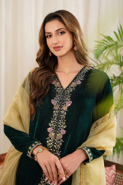 QN630-WINTER Velvet Embroidered Dress With Organza embroidered Dopata