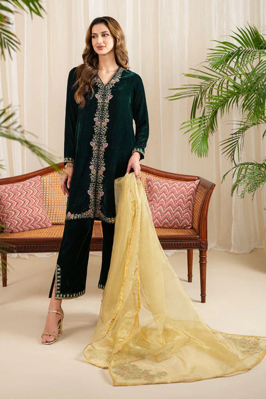QN630-WINTER Velvet Embroidered Dress With Organza embroidered Dopata