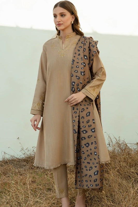 QN958-WINTER 3PC Dhannak Embroidered suit with Printed Shawll