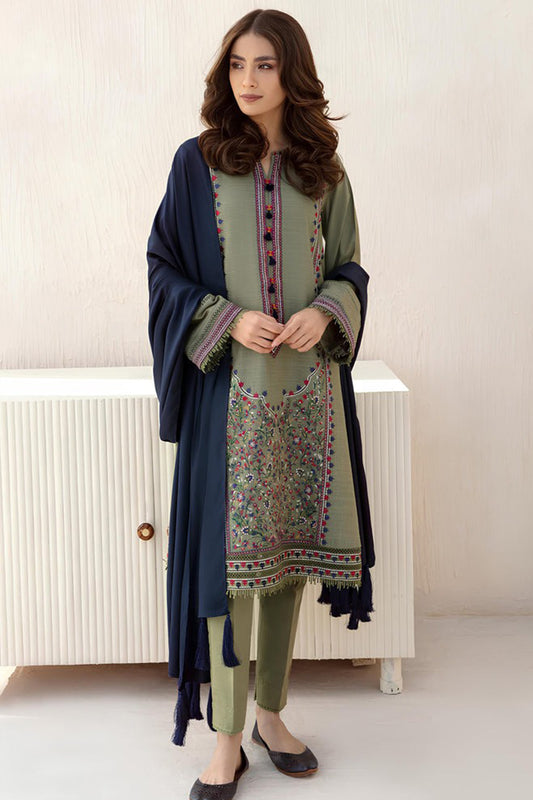 QN550-3pc Winter Embroidered khaddar Shirt With Bumble Wool Shawll