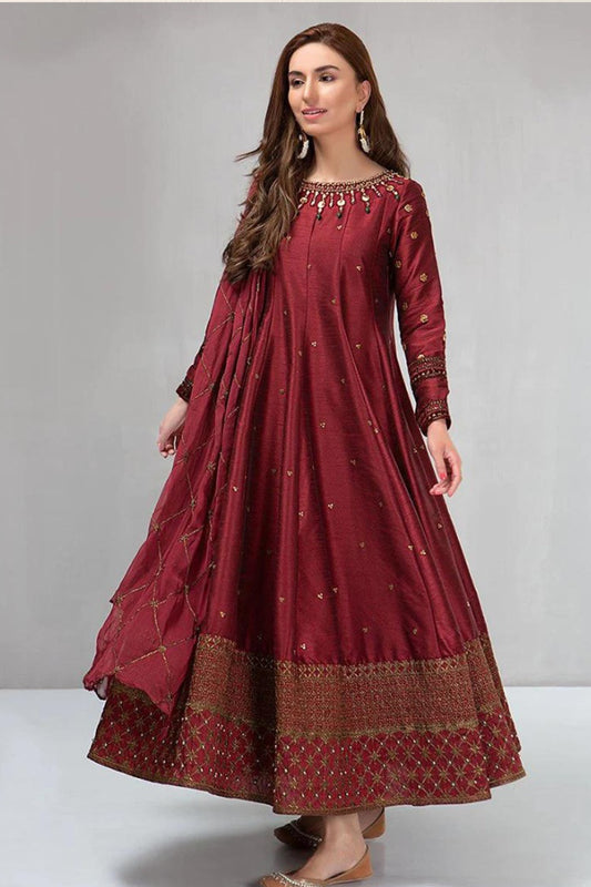 QN099-Maria B Winter, unstiched 3 piece kataan silk frock style embroidered suit