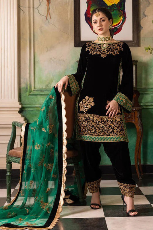 QN551 Velvet Winter Embroidered 3 Piece Dress With Organza embroidered Dopata