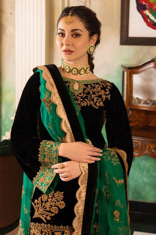 QN551 Velvet Winter Embroidered 3 Piece Dress With Organza embroidered Dopata